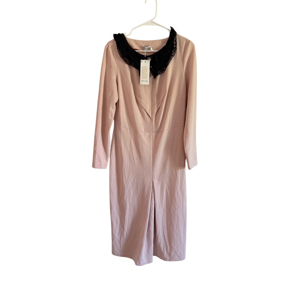 Lila Kass Blush Pink Lace Collar Cameo Brooch Midi Dress Long Sleeve NWT Size L